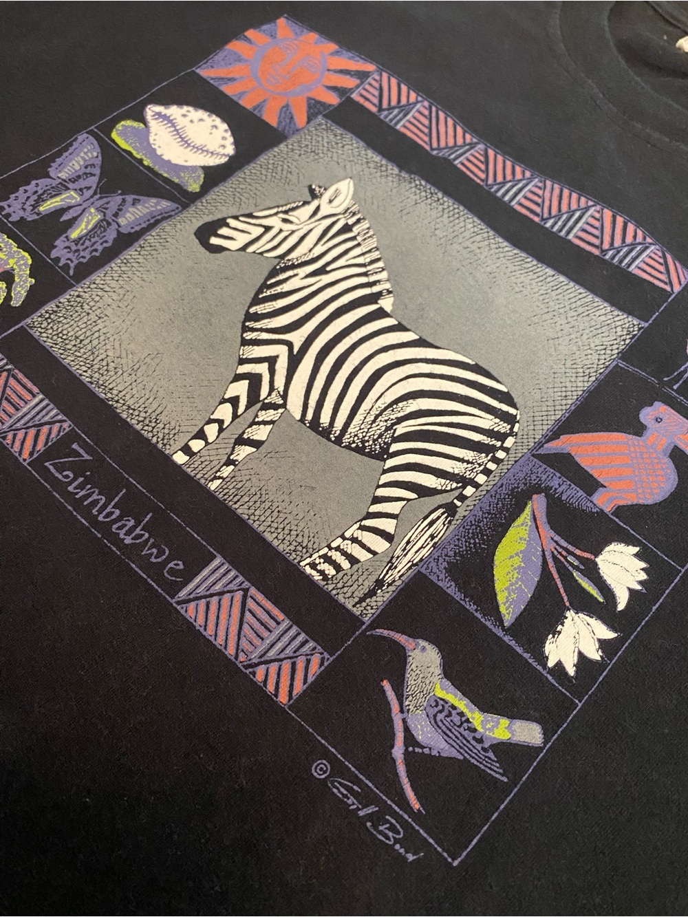 Vintage Zimbabwe Zebra Graphic T-Shirt EARTH brand Black Safari Tee Size Large